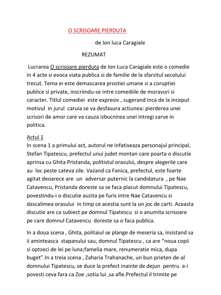 O Ramai Rezumat O scrisoare pierduta de I.L.Caragiale- Rezumat