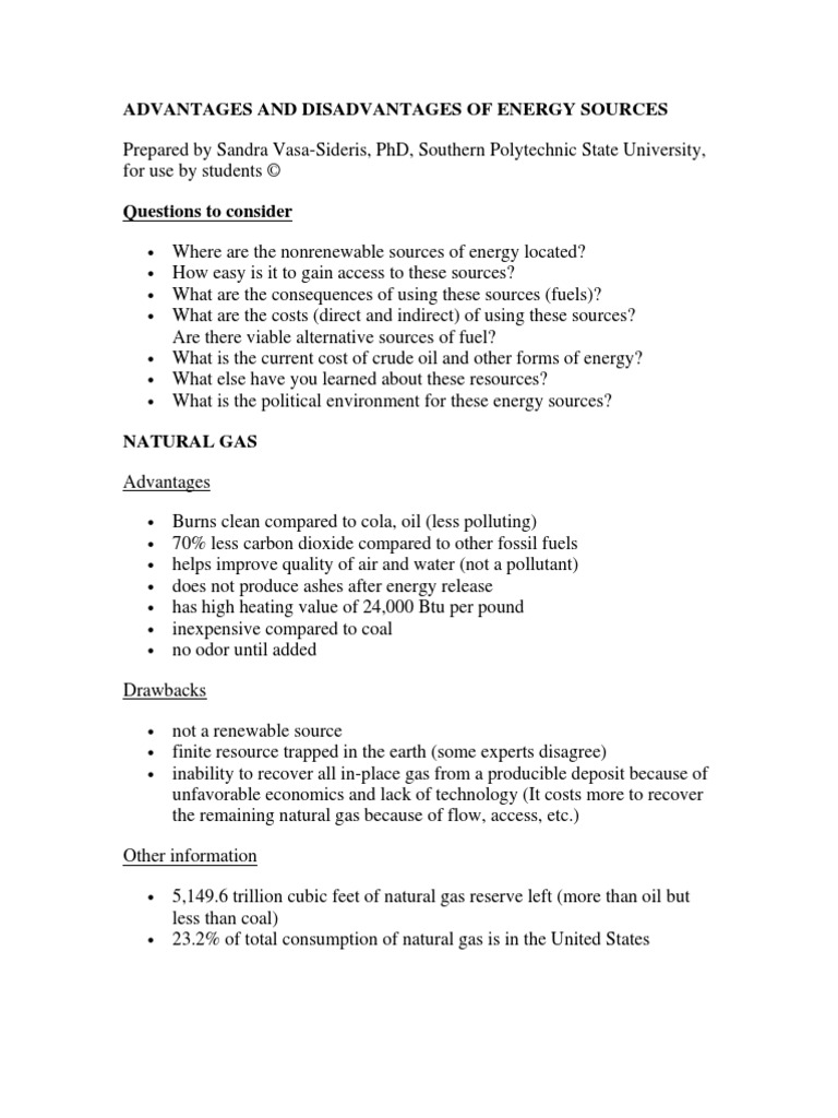 Advantages and Disadvantages of Energy Sources | PDF