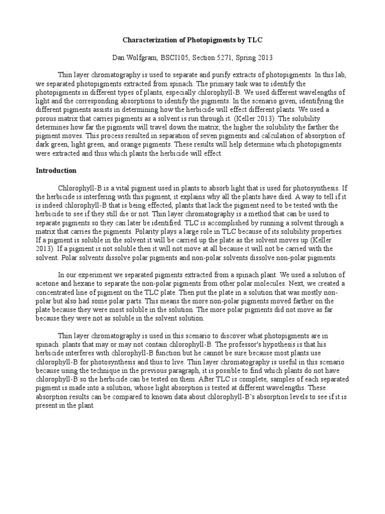 105 Lab Report Thin Layer Chromatography Chlorophyll