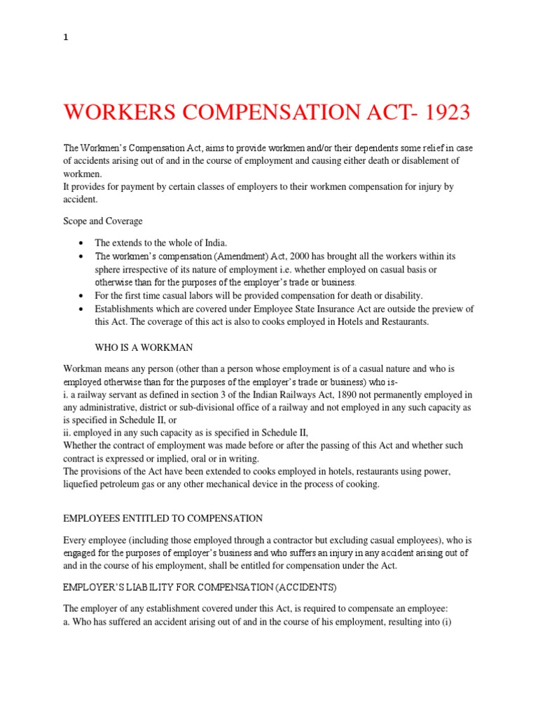 Workmens Compensation Act PDF Workers' Compensation Employment