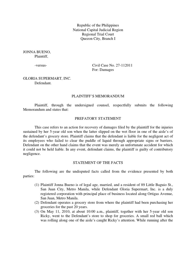 Memorandum Negligence Damages