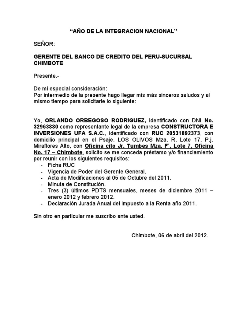 Carta Solicitud de Prestamo A Banco de Credito Del Peru BCP | PDF