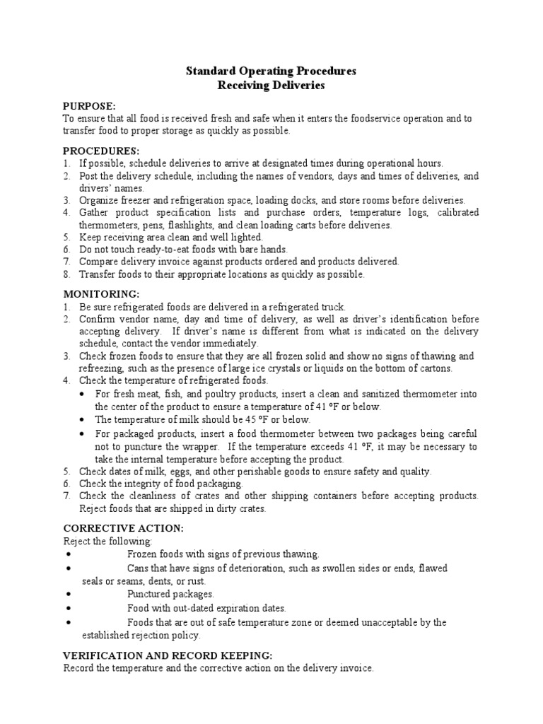 Standard Operating Procedures Refrigerator Delivery