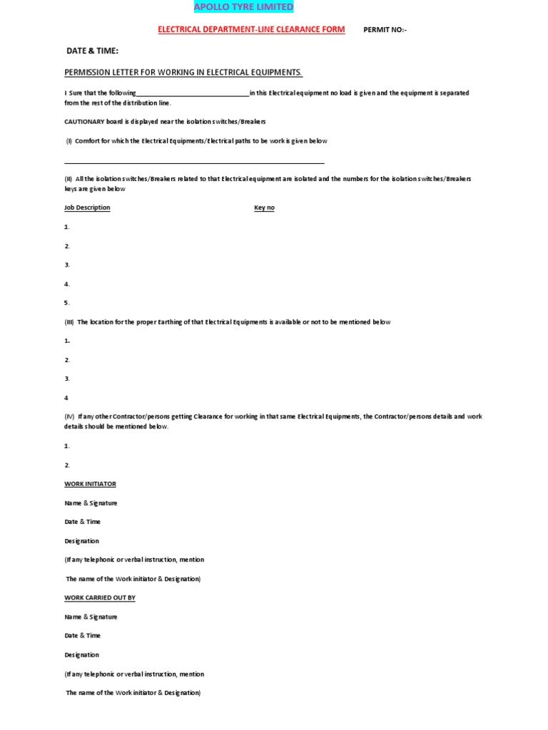 Electrical Line Clearance Permit Form | PDF | Electrical Engineering ...