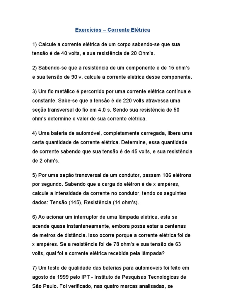 Exercícios de Corrente Elétrica | PDF | Eletricidade | Corrente elétrica