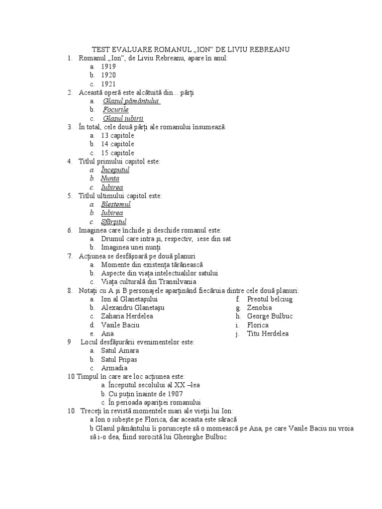 Test Evaluare Romanul | PDF