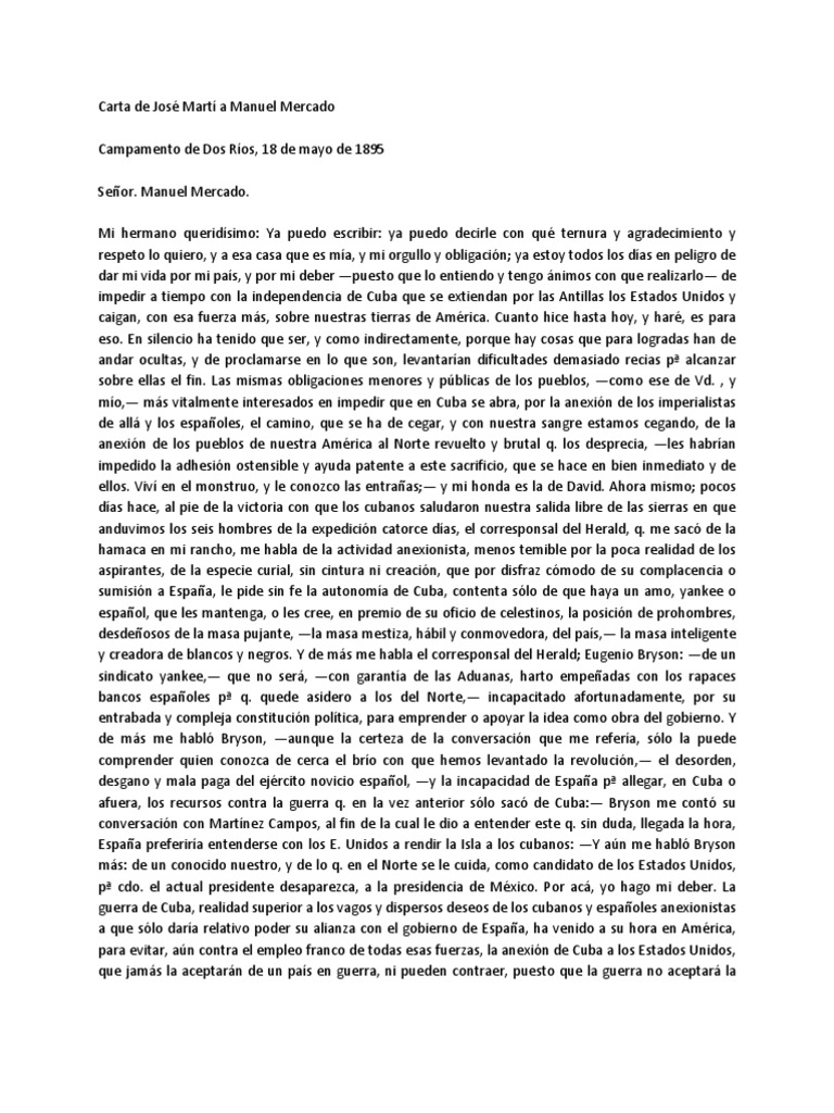 Carta de José Martí a Manuel Mercado Cuba España