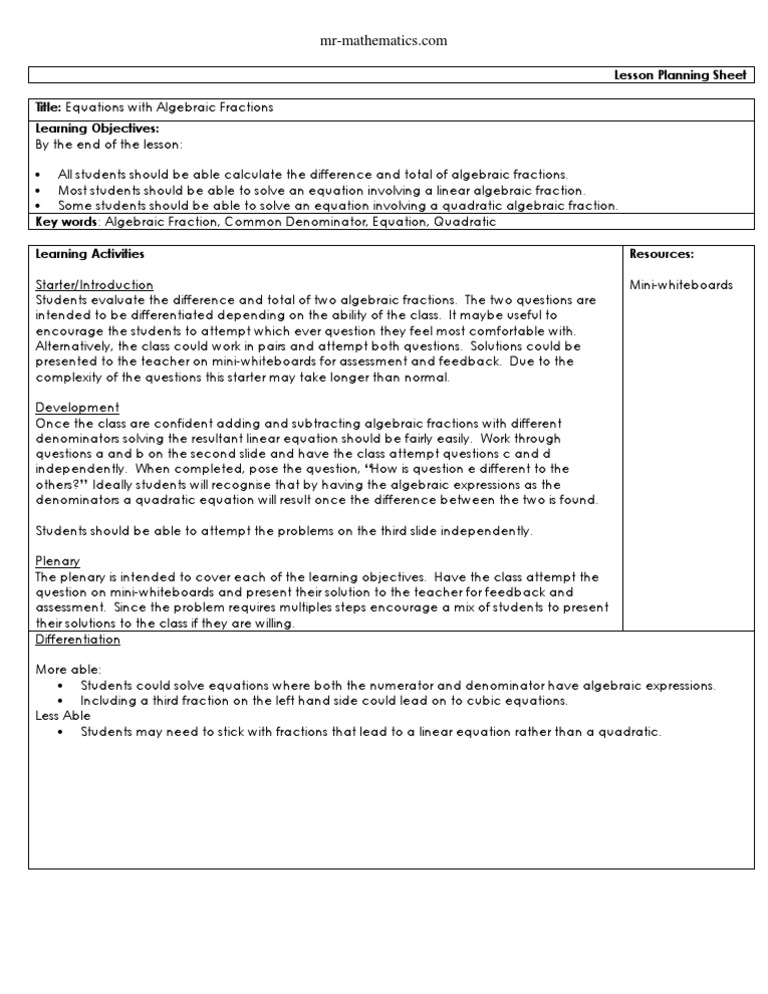 Equations Involving Algebraic Fractions Lesson Plan | PDF