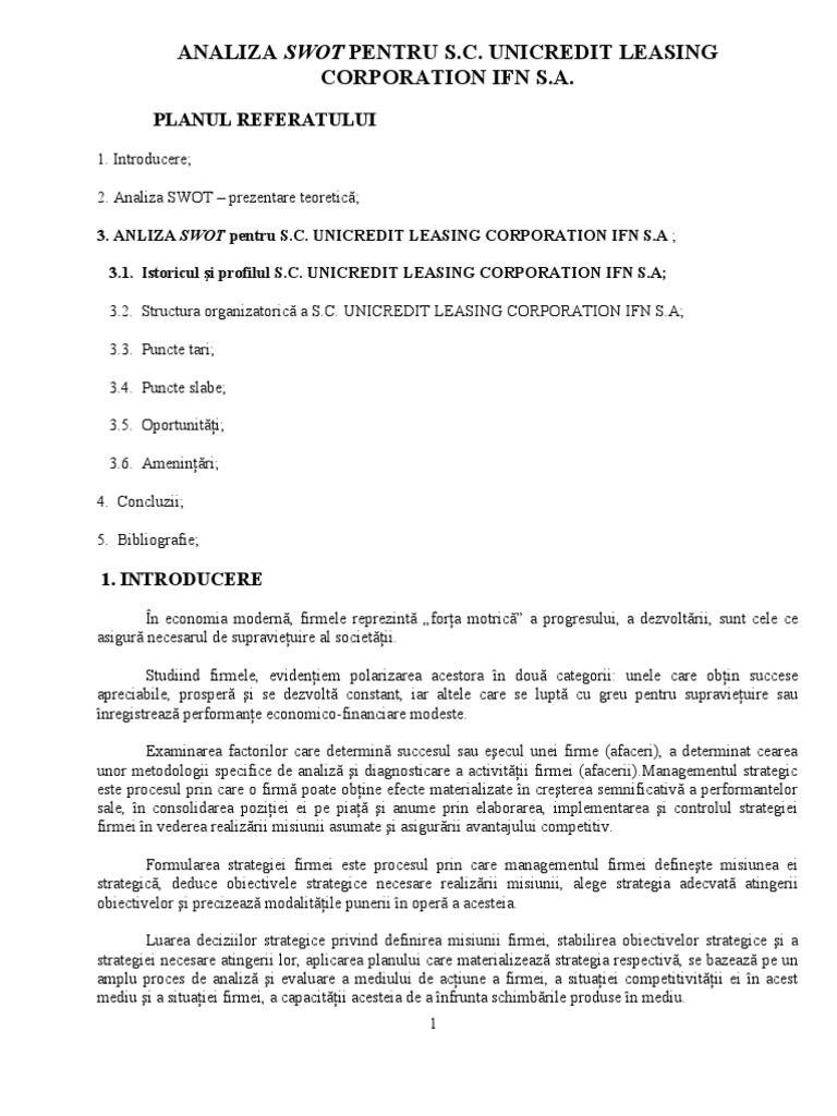 Swot Unicredit Tiriac Ifn
