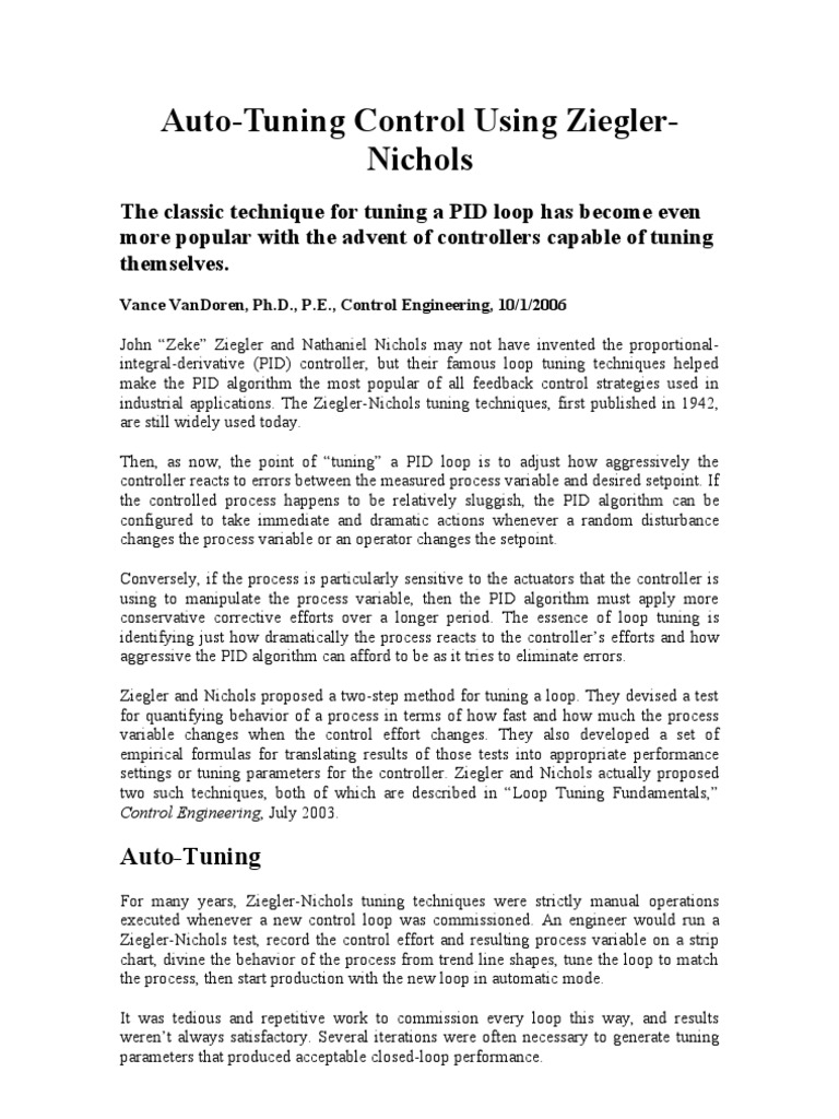 AutoTuning Control Using ZieglerNichols PDF