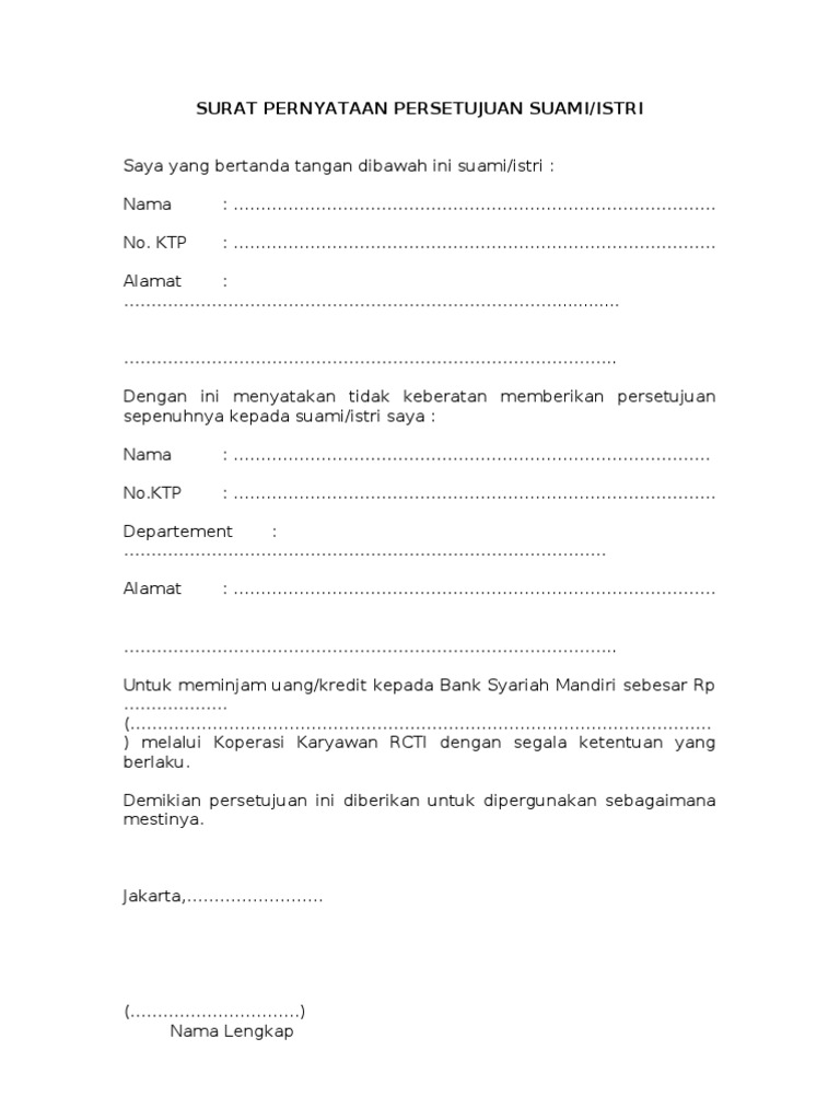 Contoh Surat Persetujuan Suami Istri Doc