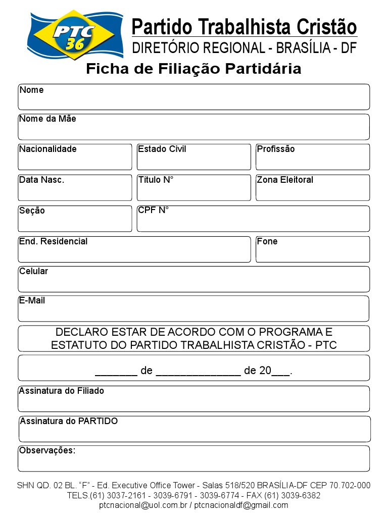 Ficha de Filiação do PTC Brasília | PDF | Política