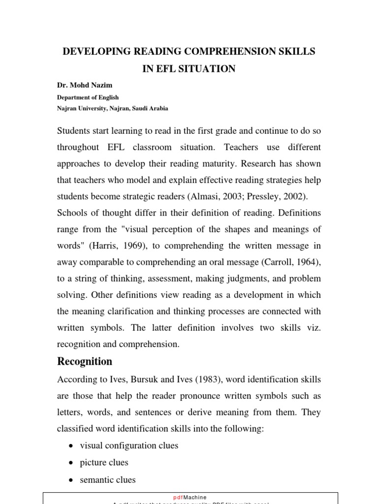 Developing Reading Comprehension Skills in EFL Situation | PDF ...