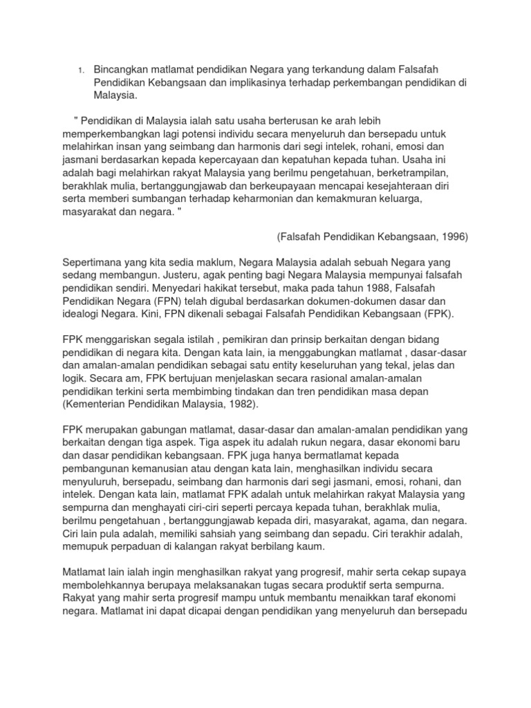 Bincangkan Matlamat Pendidikan Negara Yang Terkandung Dalam Falsafah Pendidikan Kebangsaan Dan Implikasinya Terhadap Perkembangan Pendidikan Di Malaysia Pdf