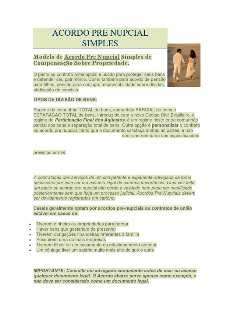####Acordo Pre Nupcial Simples | Casamento | Lei das Obrigações