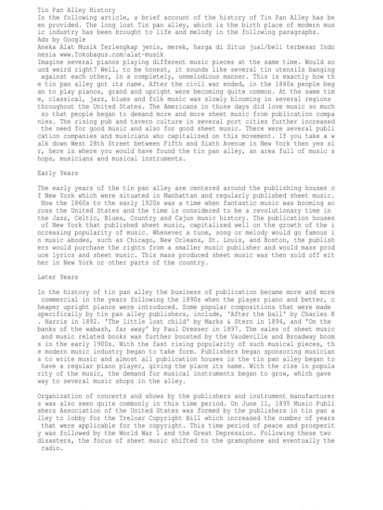 Tin Pan Alley History PDF Sound Leisure