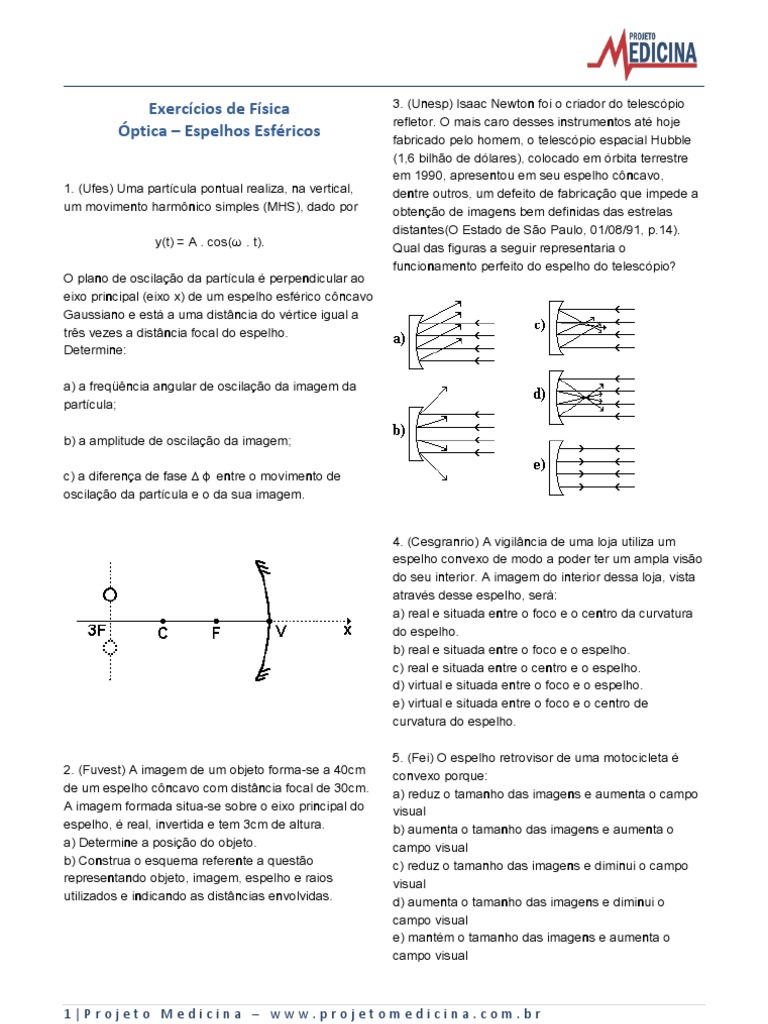 Fisica Espelhos Esfericos Exercicios | Espelho | Lente (Ótica)