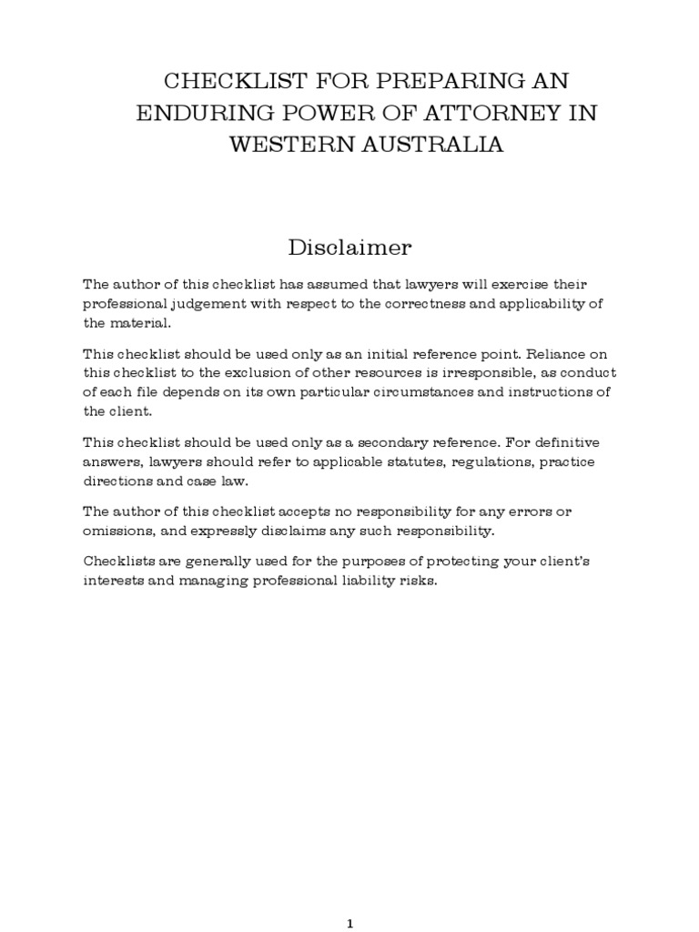 Enduring Power of Attorney WA Checklist | PDF | Power Of Attorney ...
