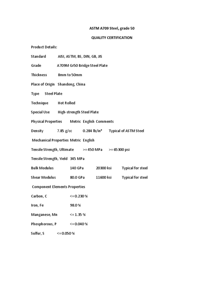 ASTM A709 Grade 50 Steel Properties | PDF