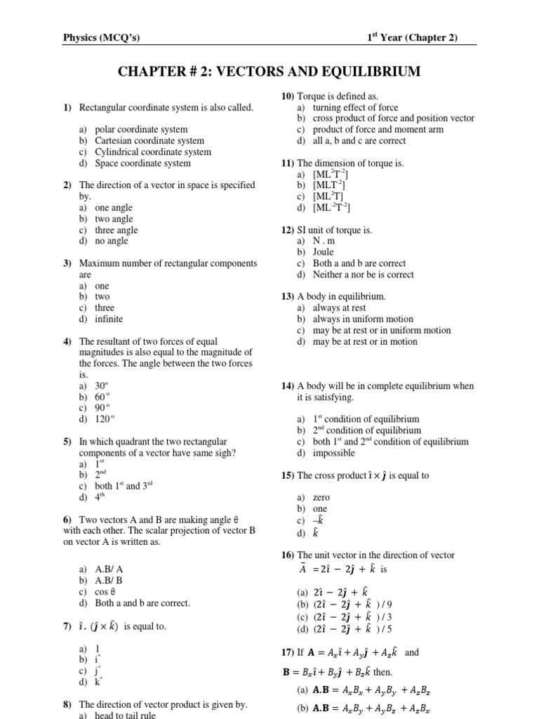 Chapter2 Mcqs PDF Euclidean Vector Torque