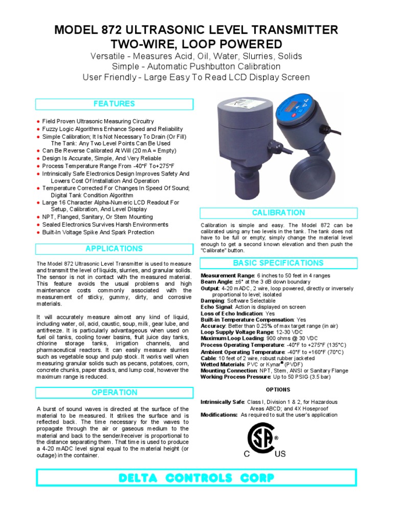 Model 872 Ultrasonic Level Transmitter | PDF | Technology & Engineering