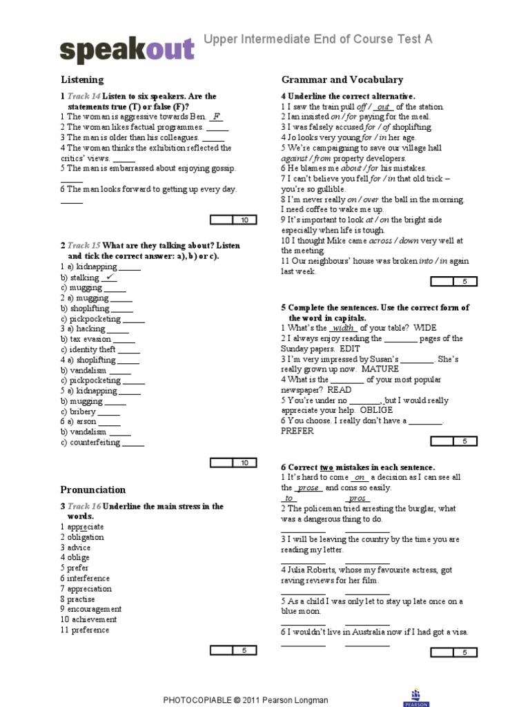 Speakout Upper Intermediate Tests Answer Key