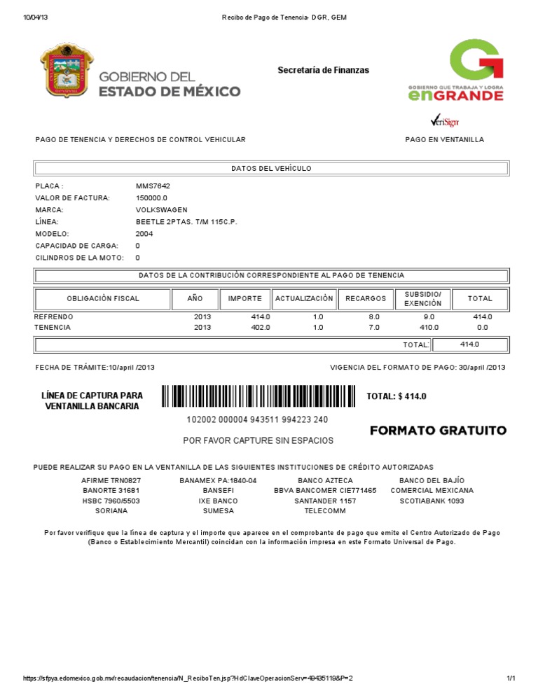 Recibo De Pago De Tenencia DGR GEM PDF