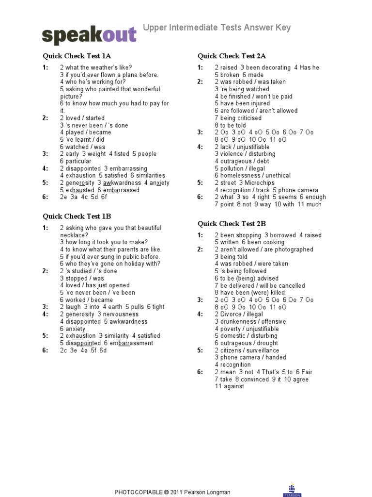 Speakout Upper Intermediate Quick Check Test