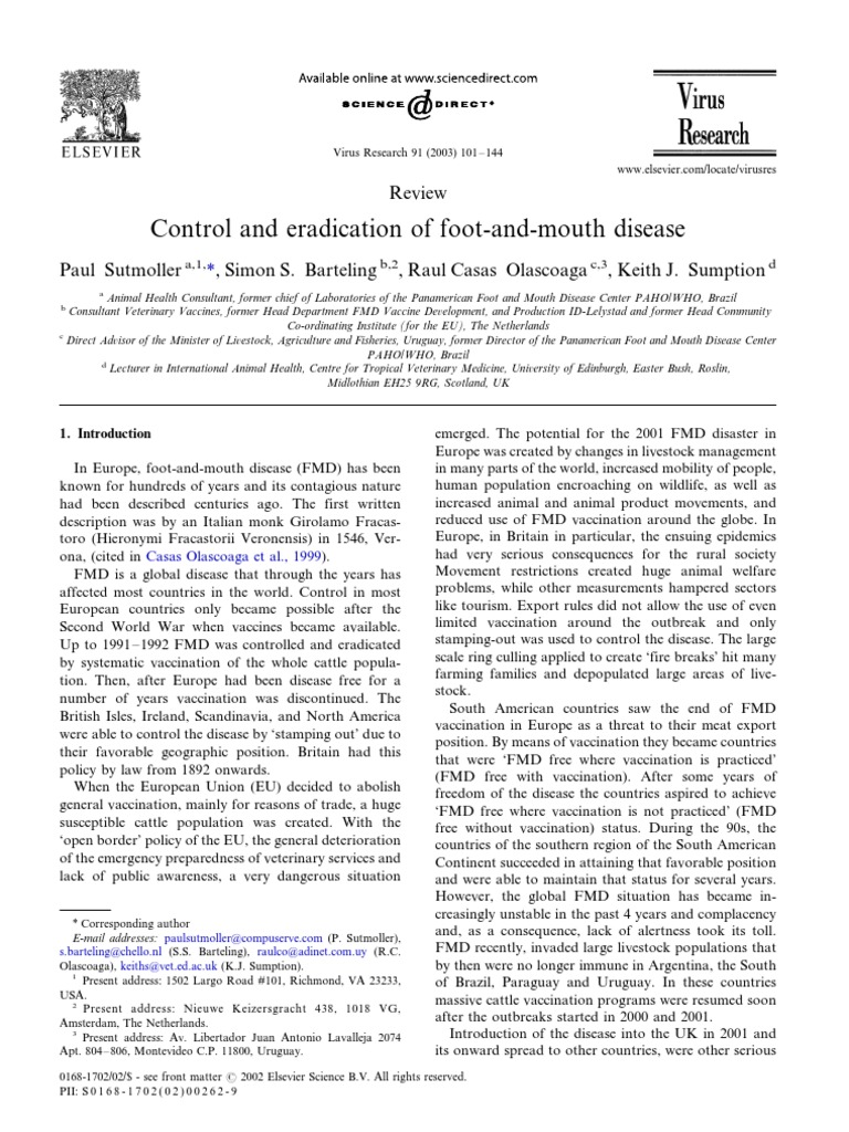 Control and Eradication of Foot & Mouth Disease. A Review | PDF ...