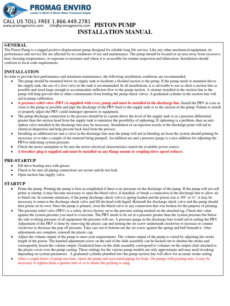 Piston Pump Installation and Maintenance Guide | PDF | Pump | Valve