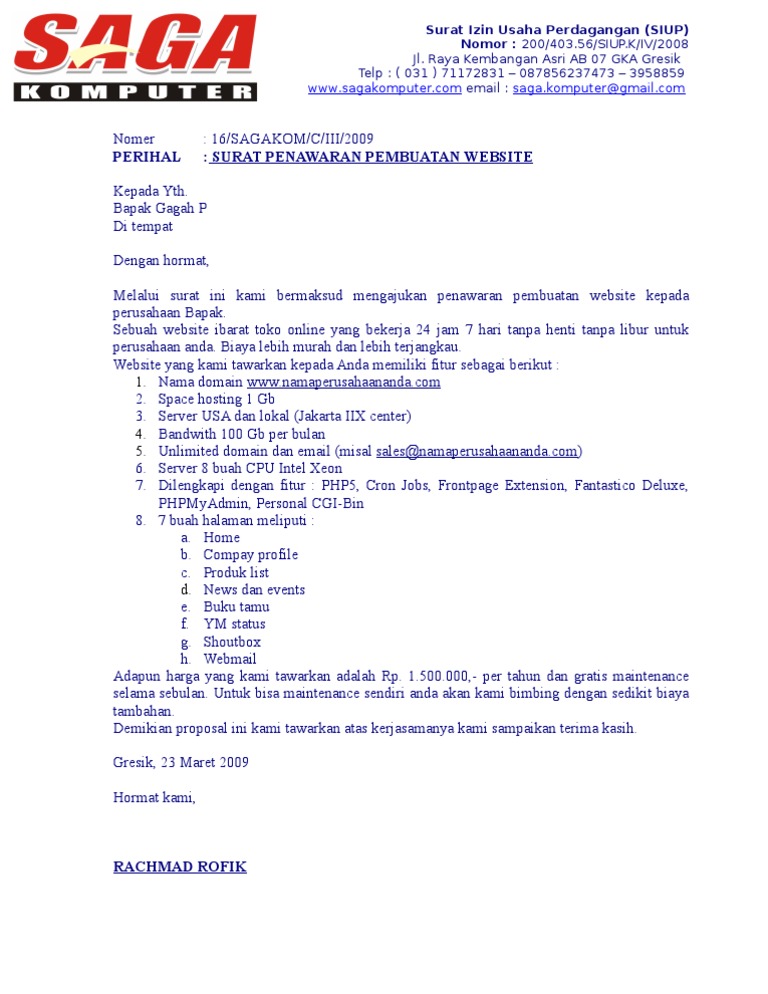 Surat Penawaran Pembuatan Website