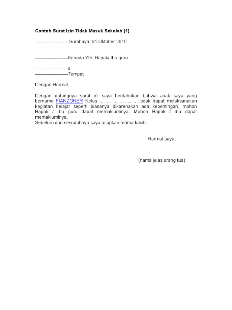 Contoh Surat Izin Tidak Masuk Sekolah