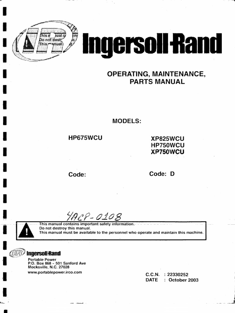 Ingersoll Rand Portable Air Compressor Manual. Compresor Ingersoll rand  Xp750wcu | Valve | Gas Compressor