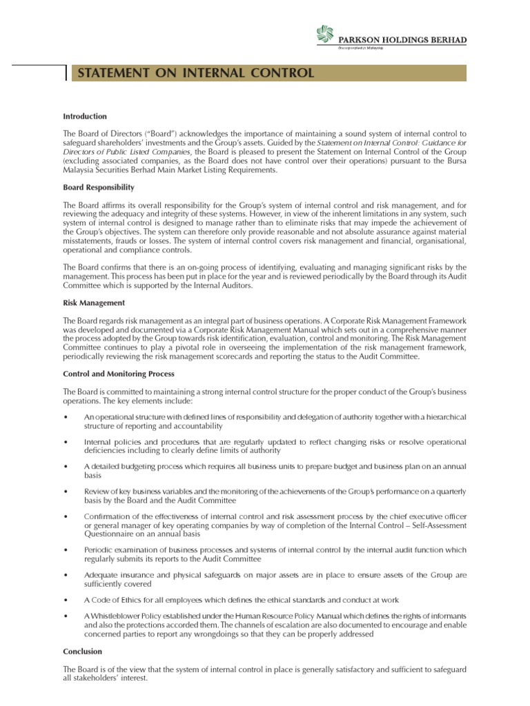 Statement on Internal Control Overview | PDF | Internal Audit | Audit