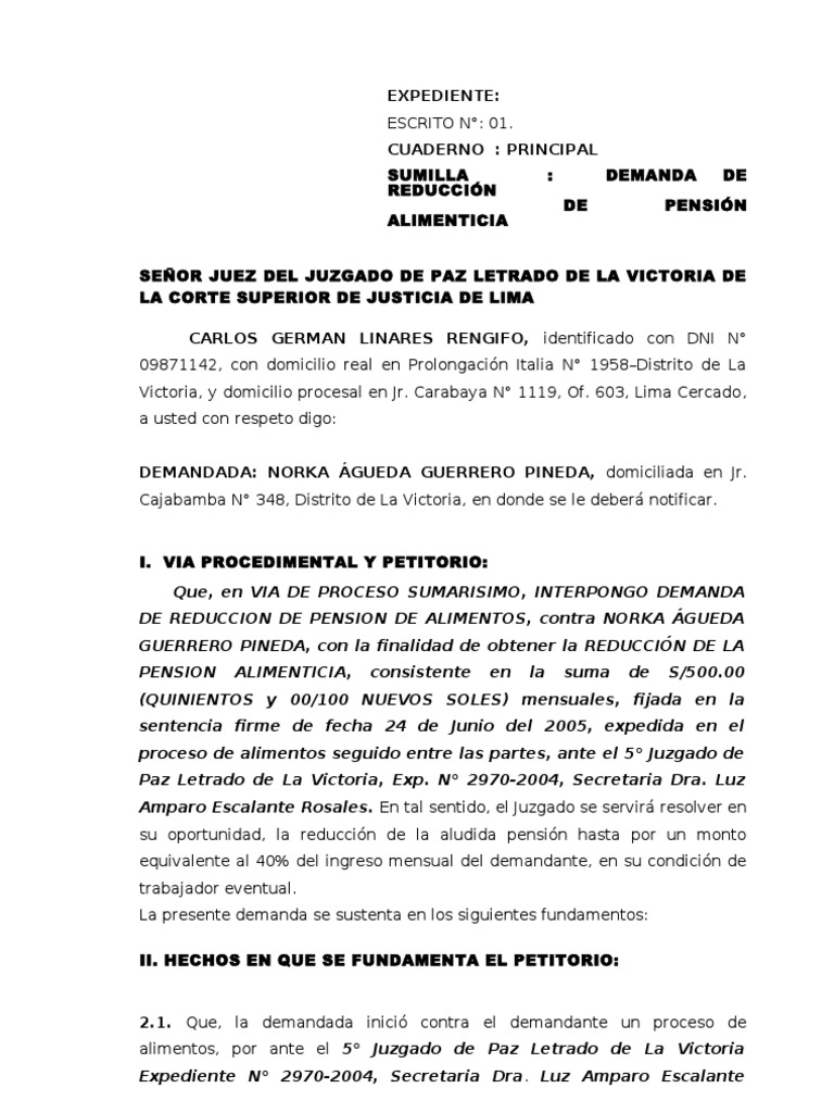 Demanda de Reduccion de Alimentos | PDF | Manutención de los hijos | Demanda  judicial