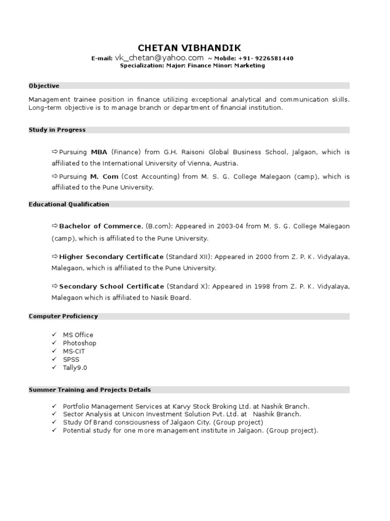 resume Mba Finance Resume Sample For Freshers new resume format for mba student by chetan vibhandik