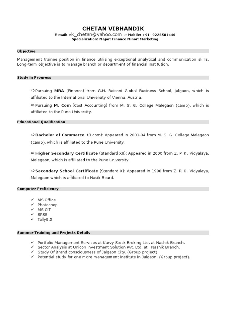 resume format for commerce student