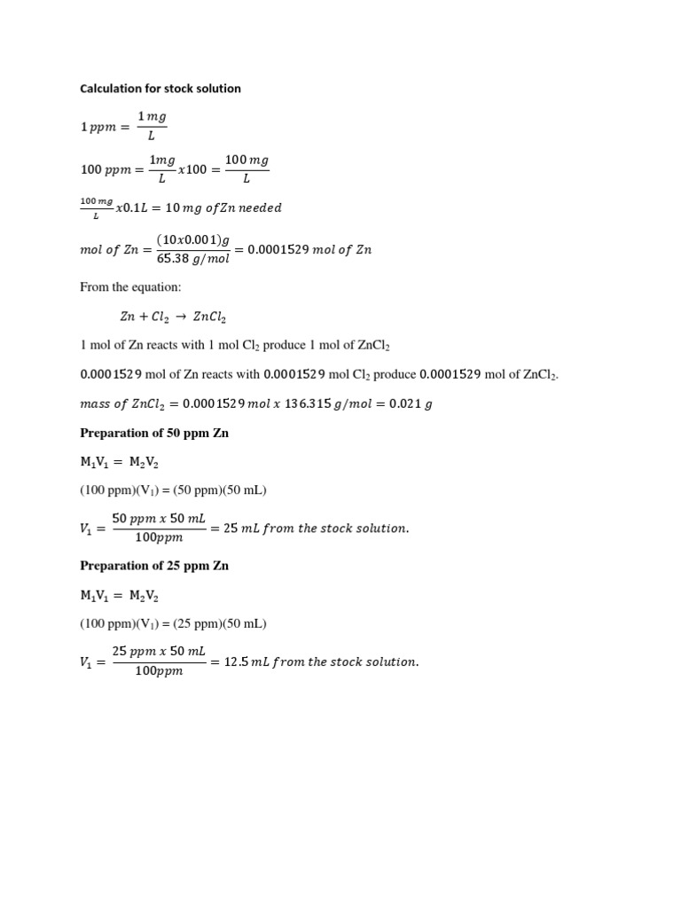 Calculation For Stock Solution: From The Equation | PDF