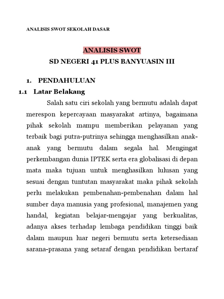 Analisis Swot Sekolah Dasar Pdf