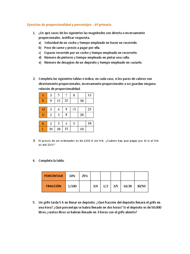 Ejercicios de Proporcionalidad y Porcentajes 6º Primaria | PDF