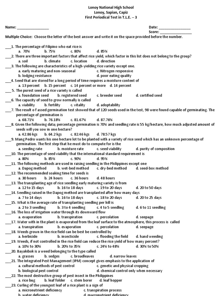 First Periodical Test in T.L.E. – 3  Biological Pest 