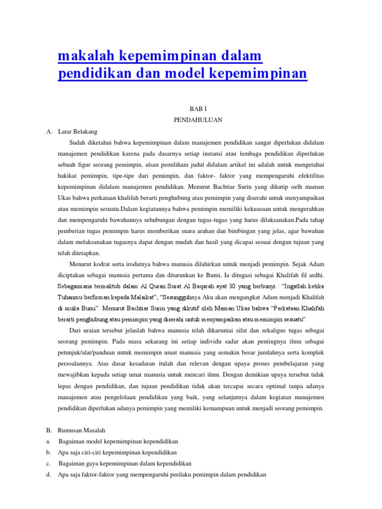 Makalah Kepemimpinan Dalam Pendidikan Dan Model Kepemimpinan
