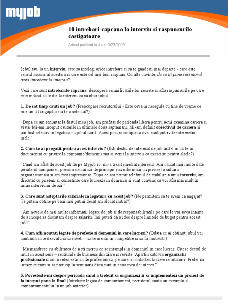 Intrebari Capcana 10 Intrebari-Capcana La Interviu Si Raspunsurile Castigatoare | PDF