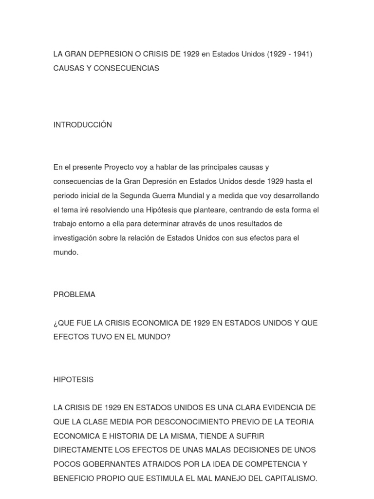 La Gran Depresion o Crisis de 1929 en Estados Unidos | PDF | Nuevo ...