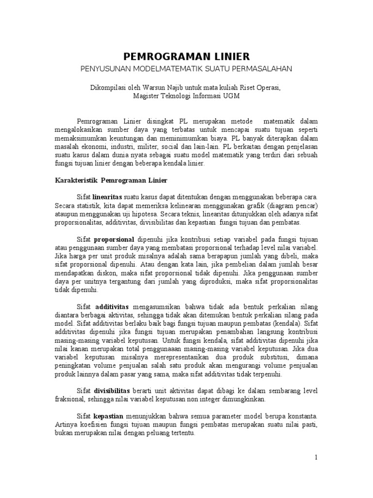 PROGRAM LINIER-Pemodelan Matematik | PDF