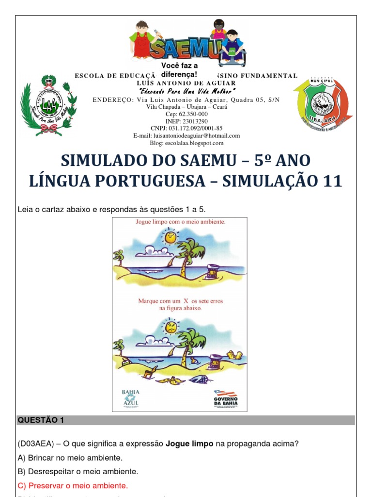 Simulado De Portugues 5 Ano Professora Carol
