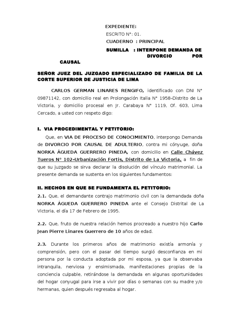 Demanda de Divorcio Adulterio PDF Divorcio Demanda judicial