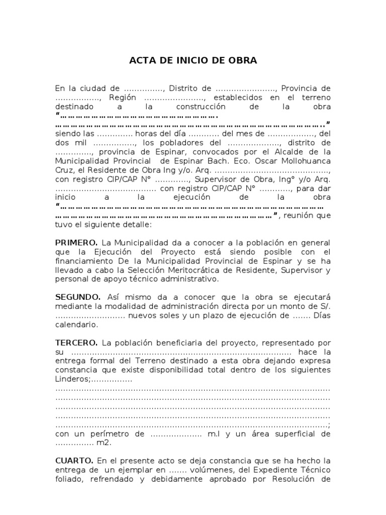 Acta de Inicio de Obra | PDF | Gobierno