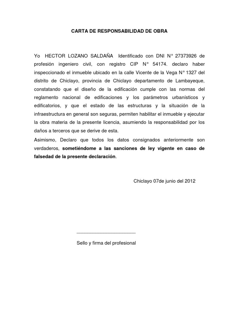 Carta de Responsabilidad de Obra