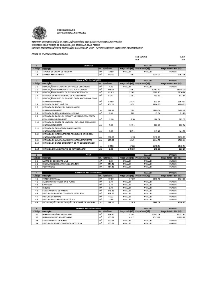 ANEXO IX PLanilhas Orcamentarias Orcamentos Cronograma Fisico Financeiro  Composicao Unitaria de Custos | PDF
